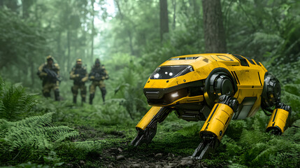 Fototapeta premium A Robotic Dog in Action During Search and Rescue Operations in a Dense Forest, Displaying Exceptional Agility and Technology