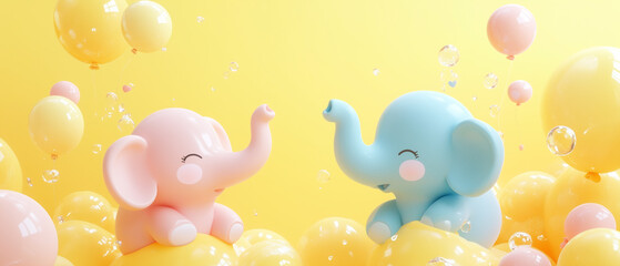 Cute Baby Elephants with Balloons.