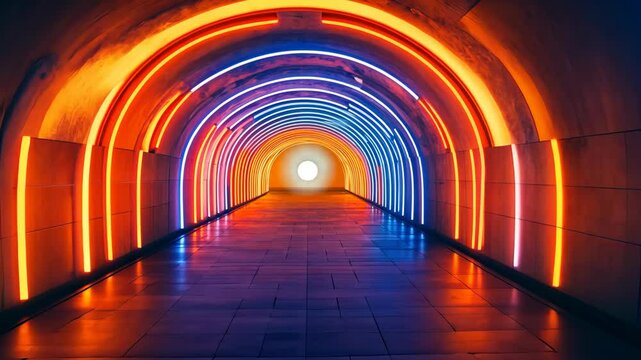 A long, colorful tunnel illuminated by neon lights creates a vibrant path forward