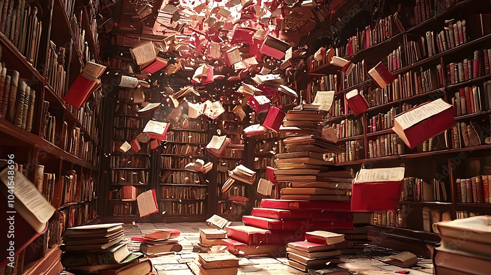 Poster A whimsical library scene with enchanted books floating in mid-air capturing the essence of imagination and fantasy