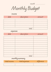 Monthly budget template, daily life, time menagement concept, minimalist template page, organiser on beige background income, expenses for office, papers