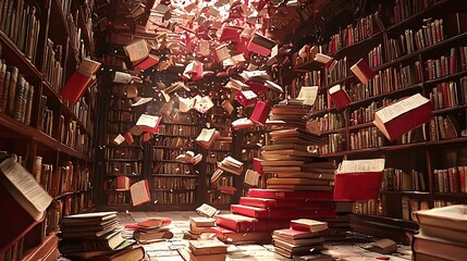 Fototapeta premium A whimsical library scene with enchanted books floating in mid-air capturing the essence of imagination and fantasy