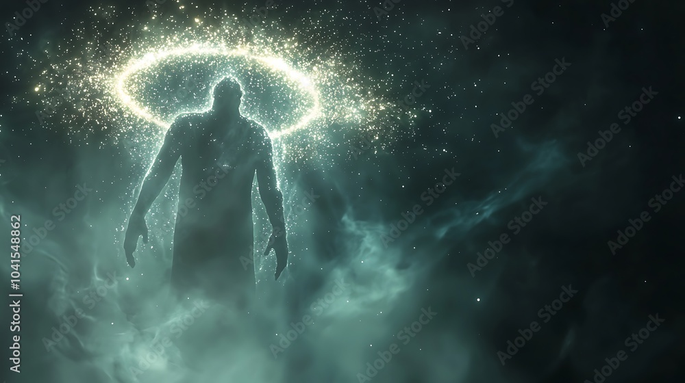 Poster a mysterious being of translucent mist surrounded by cosmic light and enigmatic energy in a dreamlik