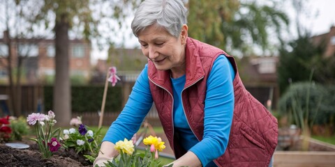 Senior Woman Gardening in Backyard. A happy senior woman wearing gardening gloves and an apron tending to colorful pansies in a raised garden bed in her backyard. 