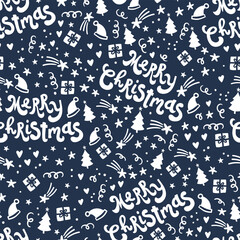 Fun christmas doodles seamless pattern - hand drawn and hand written, great for christmas textiles, banners, wrappers, wallpapers - vector surface design