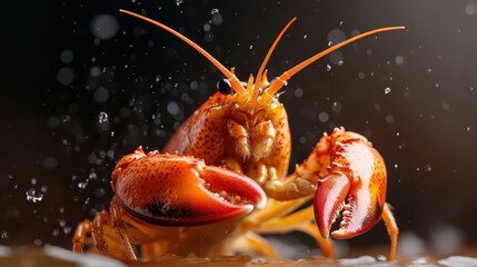 An animated lobster appears to be splashing in water, with droplets frozen mid-air around its vibrant body, highlighting the dynamic motion and marine life.