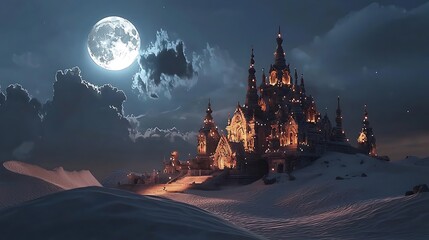 Naklejka premium A majestic temple surrounded by shifting dunes under the glowing moonlight a mystical architectural marvel