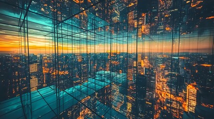 A stunning glass metropolis discover the enchanting cityscape of radiant reflections and vibrant lights at dusk