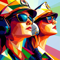 Two women in uniform with sunglasses and headphones, depicted in a bold, geometric style.