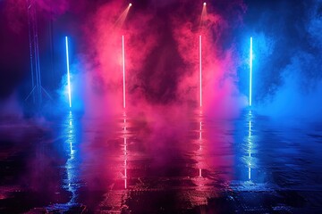 Empty background scene, Dark reflection of the street on the wet asphalt, Rays of blue and red neon light in the dark, neon figures, smoke, Background of empty stage show, Abstract dark background,