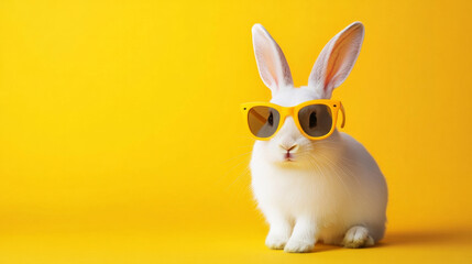 Obraz premium Cute white rabbit wearing yellow sunglasses on an isolated background