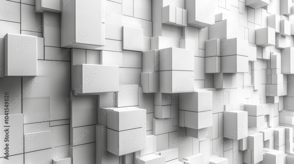 Poster This contemporary interior showcases a unique textured wall composed of varying white geometric blocks, creating a dynamic and modern atmosphere ideal for design enthusiasts.