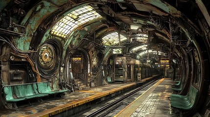 Fototapeta premium Exploring the surreal subway station a dreamlike journey through an abandoned underground world of rust and mystery
