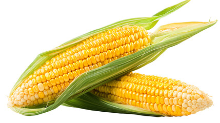 A single ear of fresh corn with husks partially peeled back, isolated on a white background