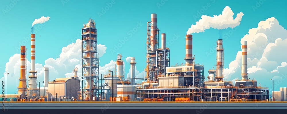 Poster comprehensive vector illustration of a gas refinery plant, showcasing an industrial view with two la