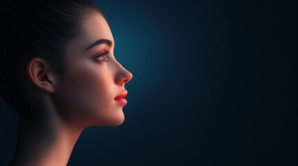 Fototapeta premium captivating profile of young woman with striking features, showcasing her elegant silhouette against dark background.
