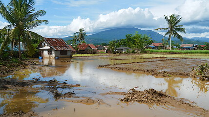 Breathtaking scenic view of lush rice fields and majestic mountains under a clear blue sky in a rural landscape