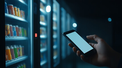person is using smartphone in front of vending machine filled with colorful drinks, creating modern and tech savvy atmosphere. scene captures convenience of technology in everyday life.
