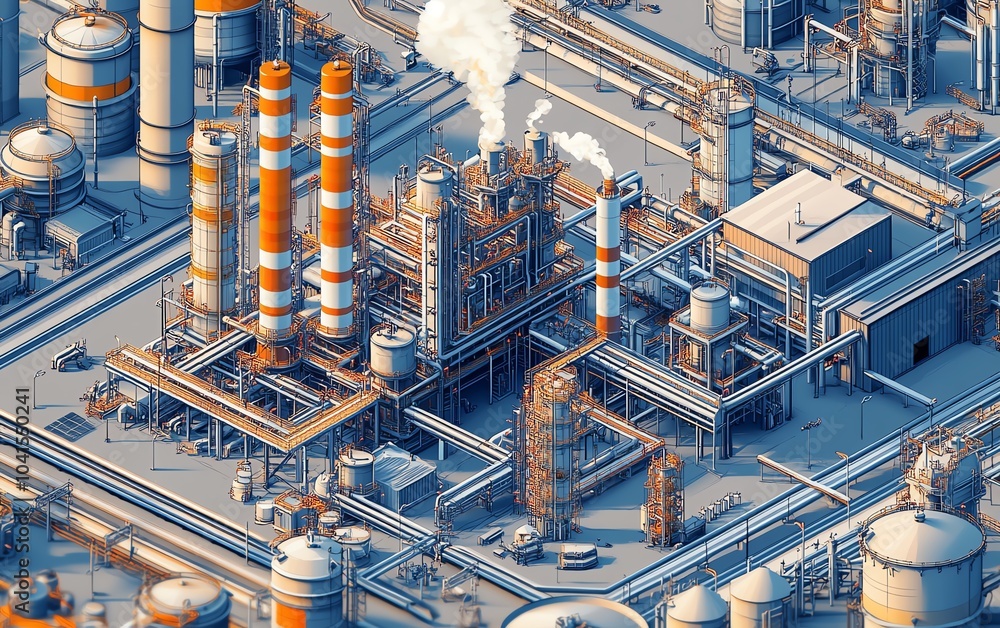 Poster detailed vector depiction of a gas plant with a refinery layout, presenting two layers of industrial