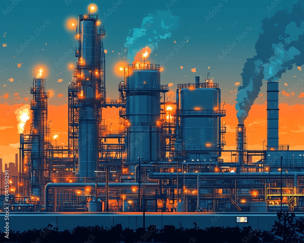 Fototapete Dynamic vector depiction of a gas refinery plant, showcasing an industrial view with layered details for a realistic representation of operations
