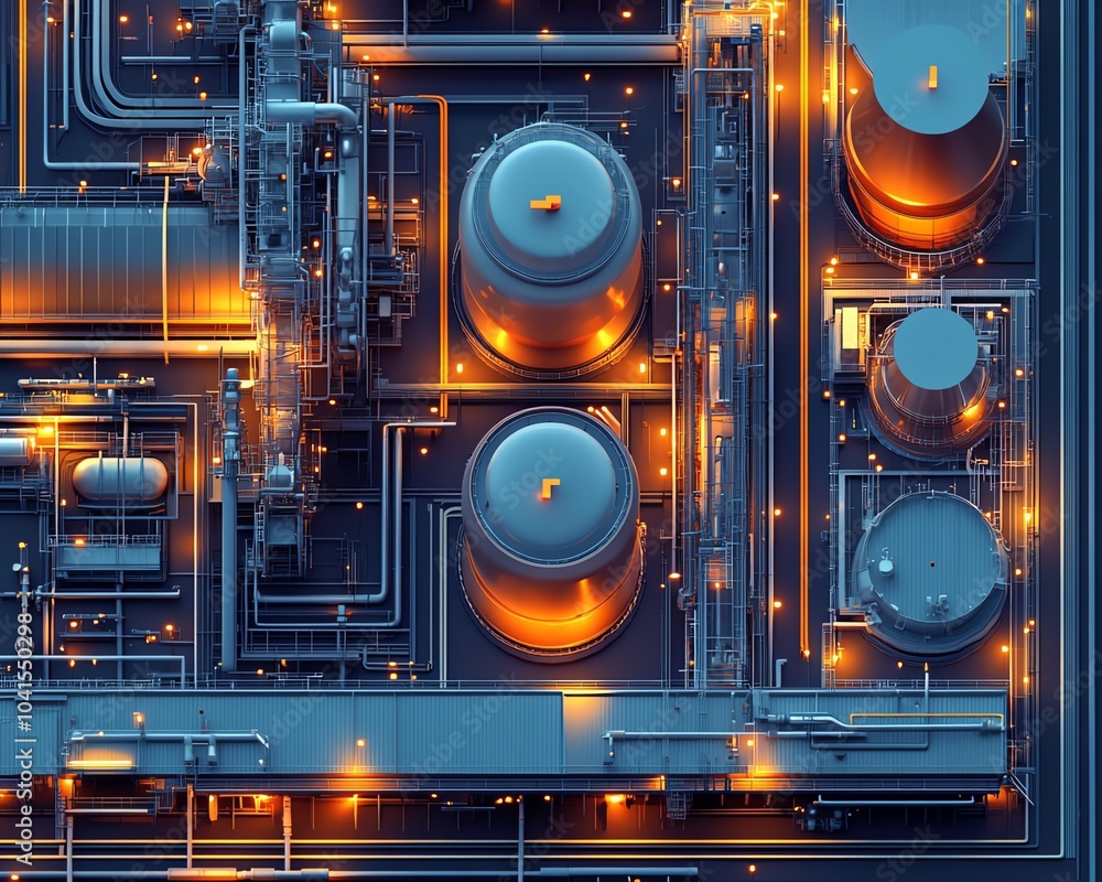 Poster dynamic vector depiction of a gas refinery plant, showcasing an industrial view with layered details