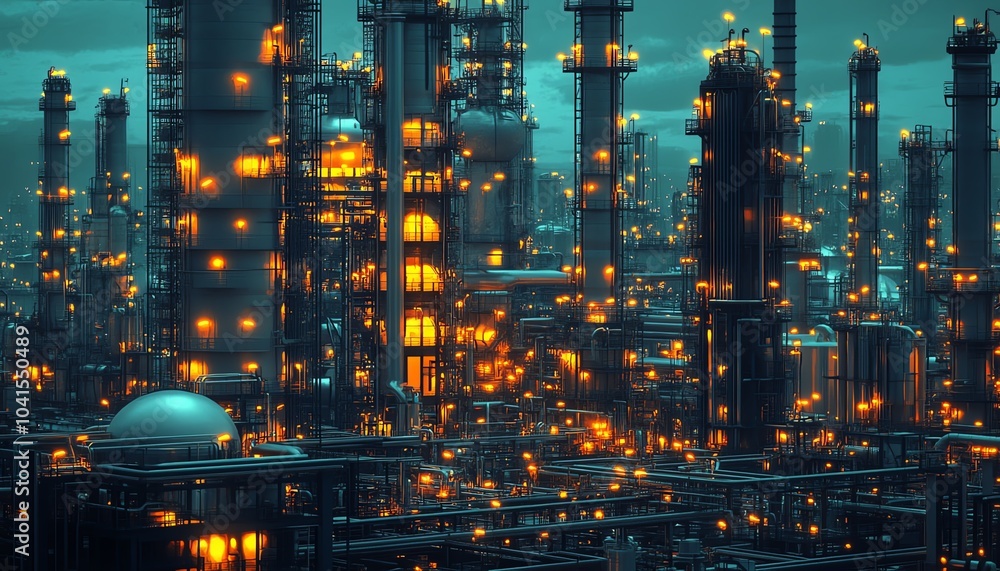Poster illustration of a gas plant industrial scene featuring a refinery, designed with two layers of detai