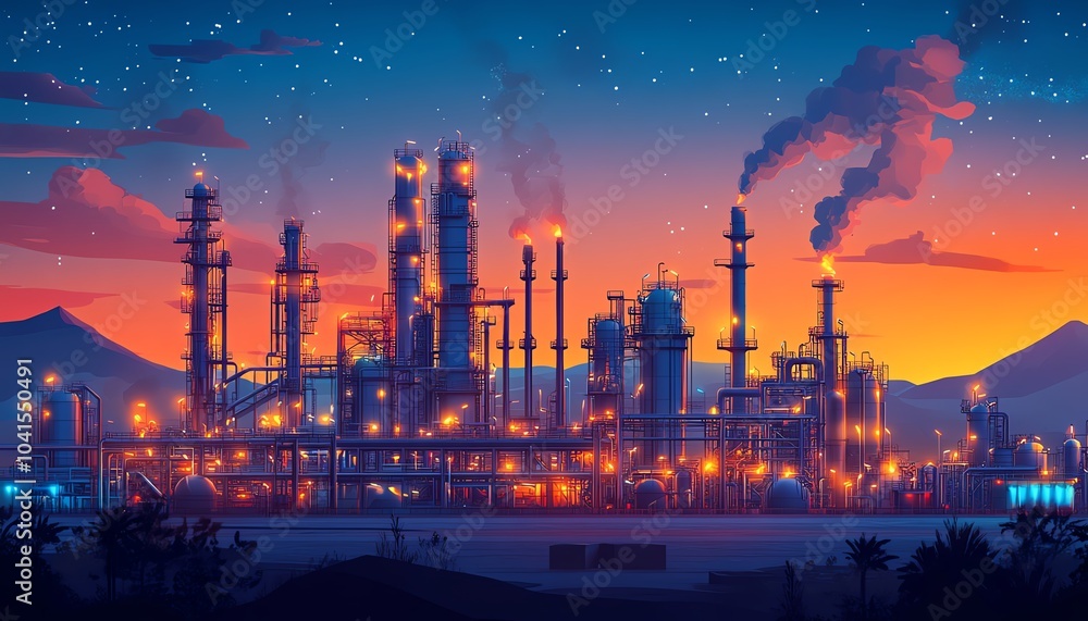 Poster illustration of a gas plant industrial scene featuring a refinery, designed with two layers of detai