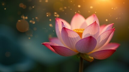 A single pink lotus flower blooms in the sunlight, with soft golden bokeh in the background.