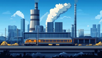 Engaging vector art showing a highway scene with a train, a modern urban environment, and a thermal power plant, all designed with black outlines for emphasis