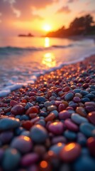 Obraz premium Close-up of colorful smooth stones on a beach at sunset.