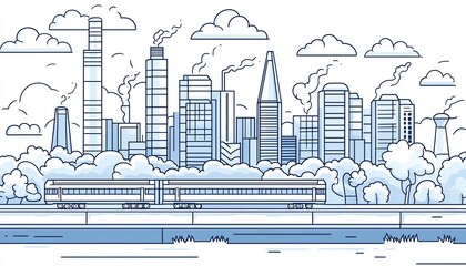 Obraz premium Dynamic vector illustration of a highway with a train and a modern urban landscape, including a thermal power plant illustrated in crisp black outlines