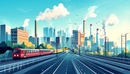 Obraz premium Engaging vector art showing a highway scene with a train, a modern urban environment, and a thermal power plant, all designed with black outlines for emphasis