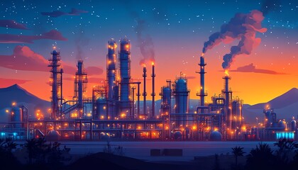 Fototapeta premium Illustration of a gas plant industrial scene featuring a refinery, designed with two layers of detail to highlight the complexity of operations