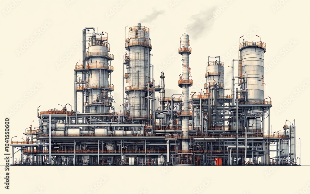 Poster industrial vector illustration of a gas plant with a refinery, emphasizing two layers of intricate d