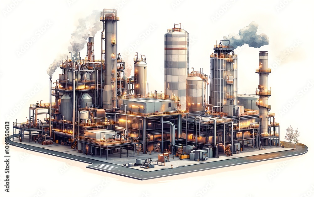 Aufkleber indepth vector illustration of a gas plant featuring a detailed refinery layout with two layers, hig