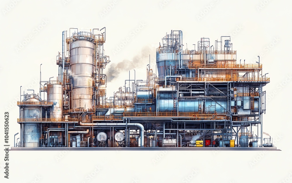 Poster industrial vector illustration of a gas plant with a refinery, emphasizing two layers of intricate d