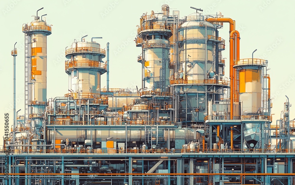 Poster industrial vector illustration of a gas plant with a refinery, emphasizing two layers of intricate d
