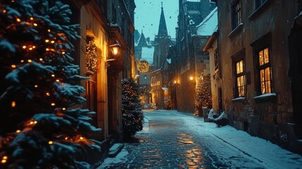 Fototapeta premium A street in a historic European town on a Christmas night