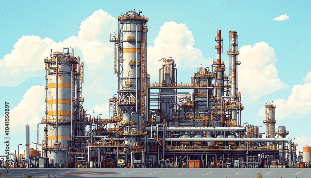 Aufkleber stylized vector illustration of an industrial gas plant featuring a refinery with dual layers of det