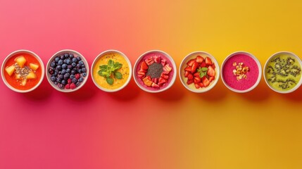 A colorful rainbow of smoothie bowls with various fruit toppings, arranged in a line, symbolizing health diversity, Generative AI
