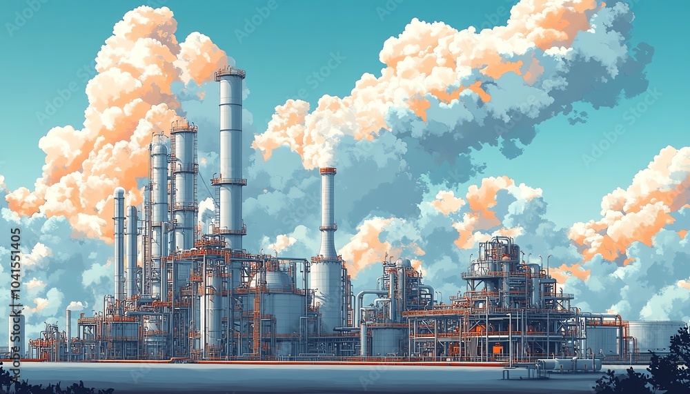 Poster comprehensive vector illustration of a gas refinery plant, showcasing an industrial view with two la