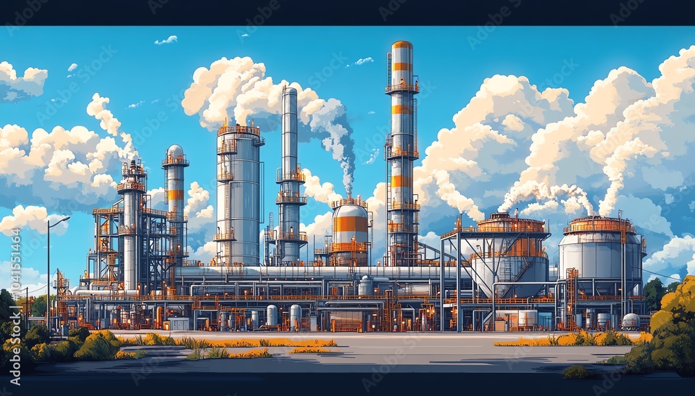 Poster comprehensive vector illustration of a gas refinery plant, showcasing an industrial view with two la