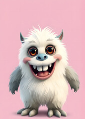 Obraz premium Funny fluffy monster isolated on transparent pink background. Joyful and fluffy little monster. Cute yeti. Halloween character.