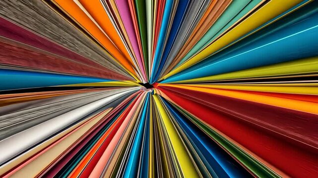 A colorful display of book spines radiating outward in a starburst pattern