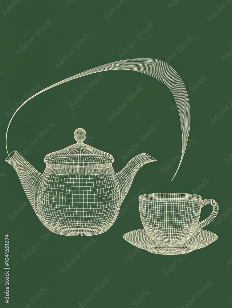 Poster the simple line drawing features a teapot elegantly pouring tea into a cup against a calming green b