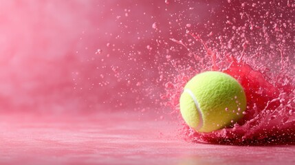 A lively tennis ball creates a vivid splash on a pink liquid surface, showing dynamic movement and color contrast, representing energetic artistic expression.