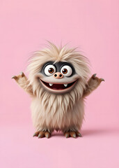 Fototapeta premium Funny fluffy monster isolated on transparent pink background. Joyful and fluffy little monster. Cute yeti. Halloween character.