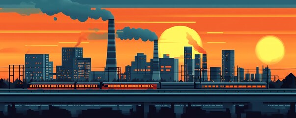 Detailed vector design art depicting a wide highway, a train passing through, and a contemporary town, with a thermal power plant outlined in black