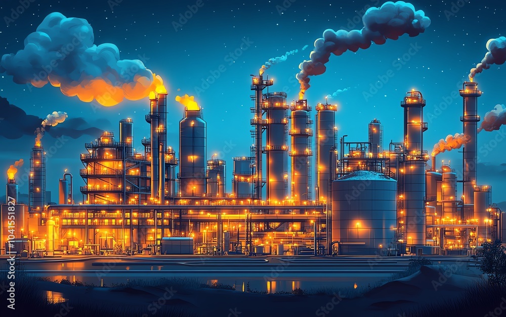 Poster dynamic vector depiction of a gas refinery plant, showcasing an industrial view with layered details