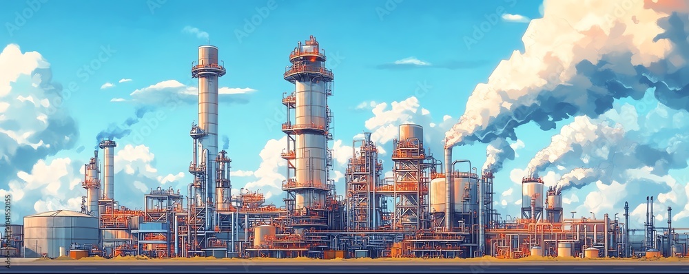 Poster illustration of a gas plant industrial scene featuring a refinery, designed with two layers of detai